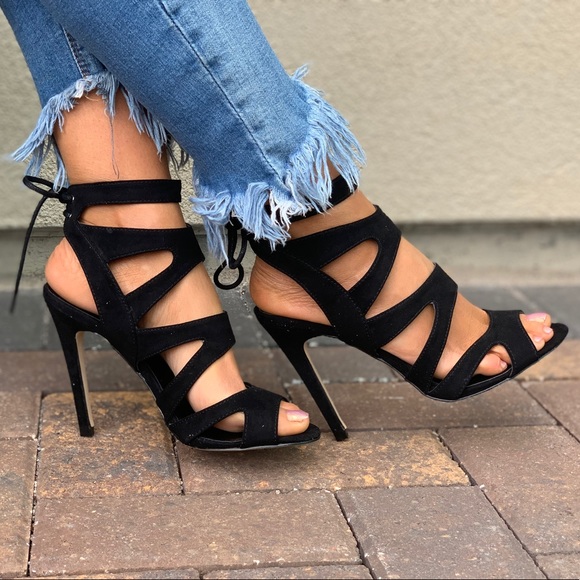 Black Strappy Caged Laced Up High Heel Sandal - Picture 2 of 8